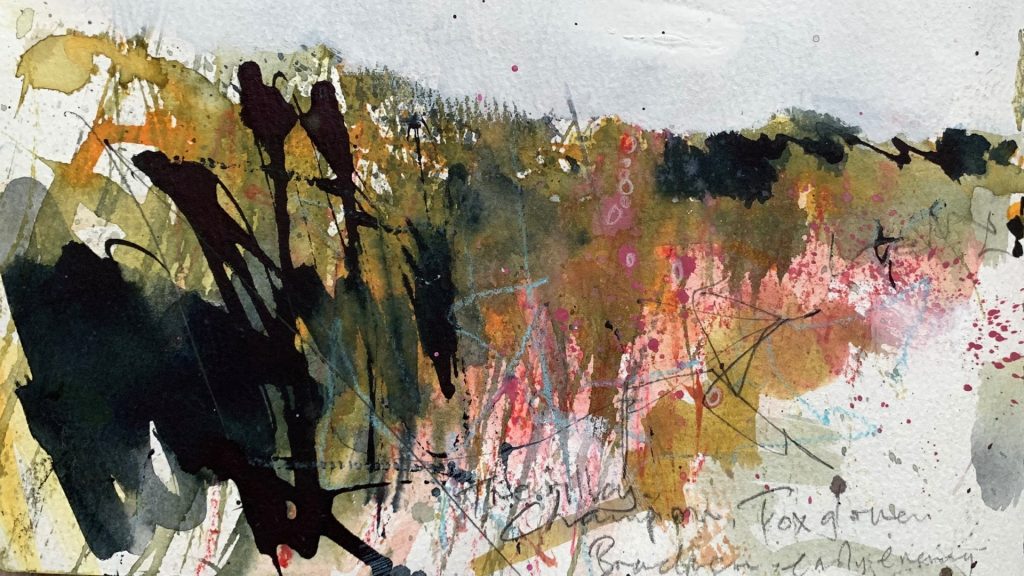 A textured watercolour sketch of a wild hedgerow bank in bloom, with dark spiky foliage silhouettes against splashes of pink, red, and gold suggesting campion and foxglove flowers