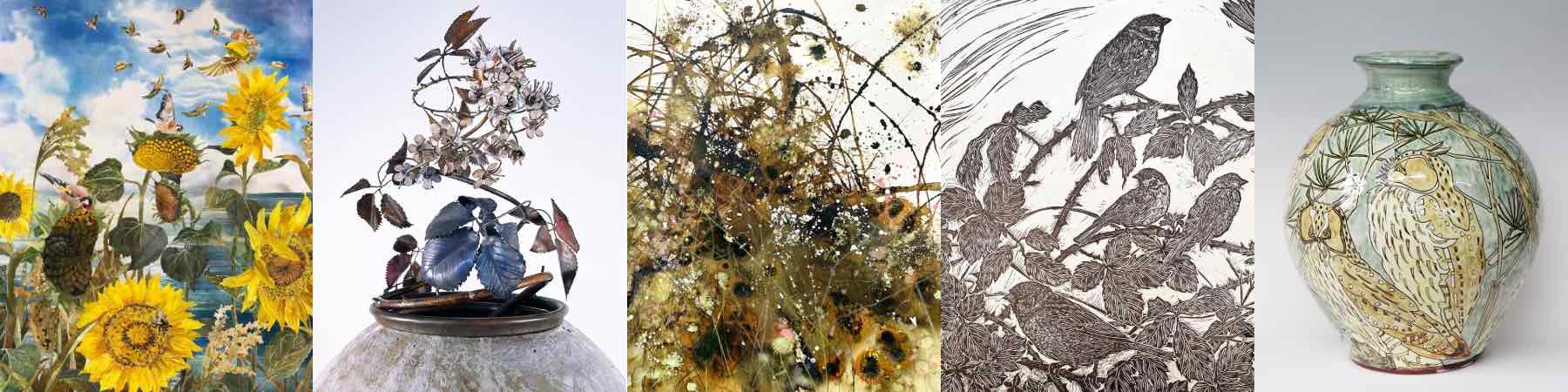 A collage of five artworks inspired by nature and hedgerows: a colourful painting of birds and sunflowers, a botanical mixed-media piece featuring berries and foliage, an atmospheric hedgerow scene, a detailed black-and-white linocut of birds among leaves, and a decorated ceramic vase featuring birds, plants and flowers